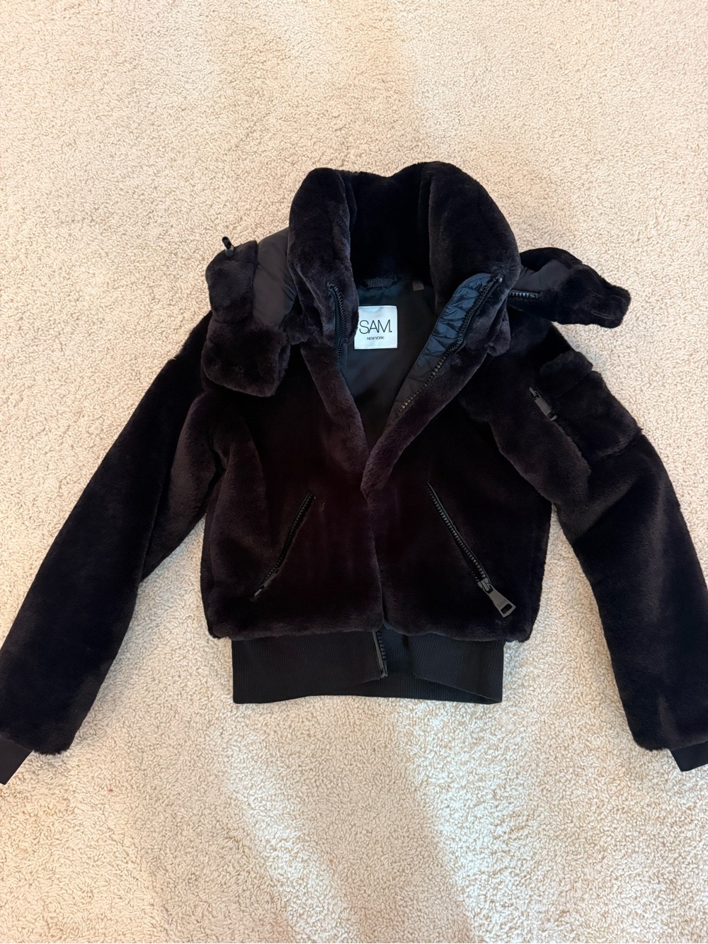 SAM. Black Plush Faux-Fur Hooded Jacket Like New!